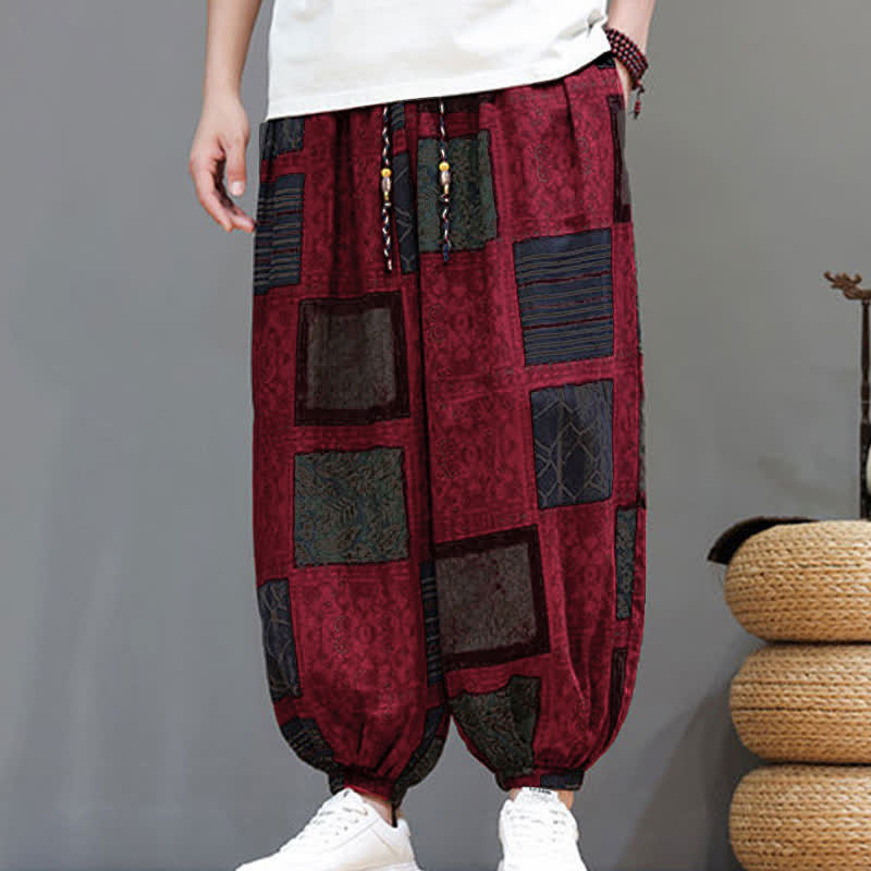 Buddha Stones Pantaloni corti da uomo estivi in ​​stile boho casual con coulisse e motivo geometrico, modello harem con tasca. - image 33