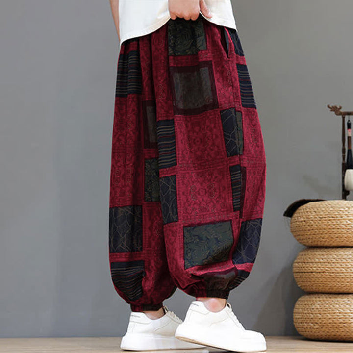 Buddha Stones Pantaloni corti da uomo estivi in ​​stile boho casual con coulisse e motivo geometrico, modello harem con tasca. - image 37