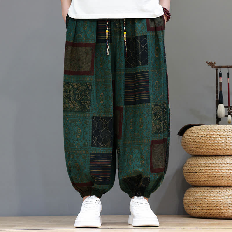 Buddha Stones Pantaloni corti da uomo estivi in ​​stile boho casual con coulisse e motivo geometrico, modello harem con tasca. - image 20