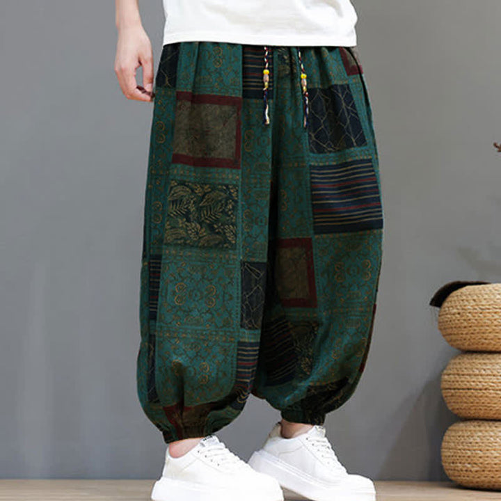 Buddha Stones Pantaloni corti da uomo estivi in ​​stile boho casual con coulisse e motivo geometrico, modello harem con tasca. - image 21