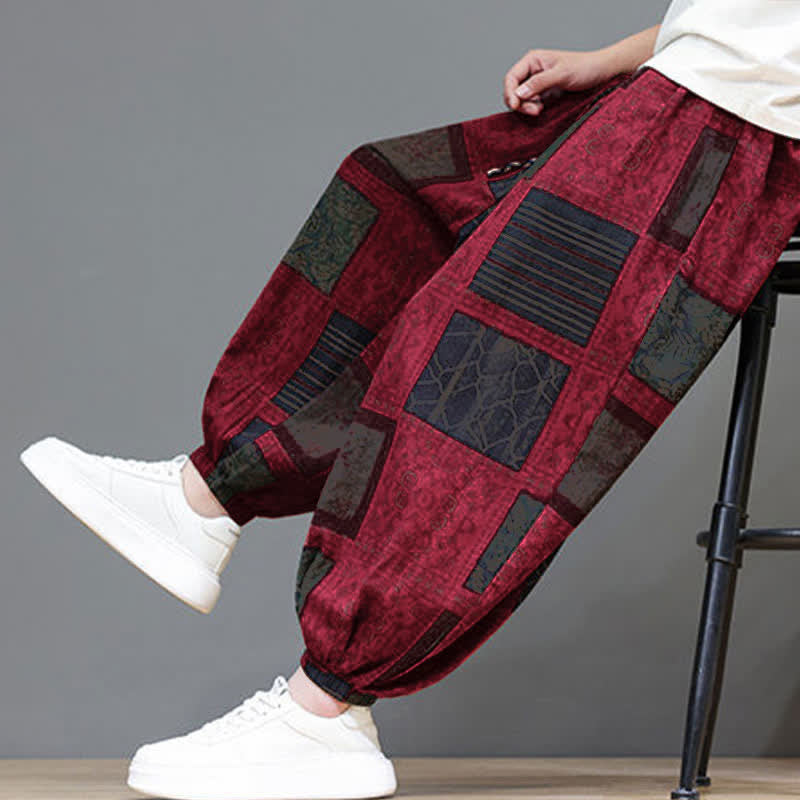 Buddha Stones Pantaloni corti da uomo estivi in ​​stile boho casual con coulisse e motivo geometrico, modello harem con tasca. - image 38