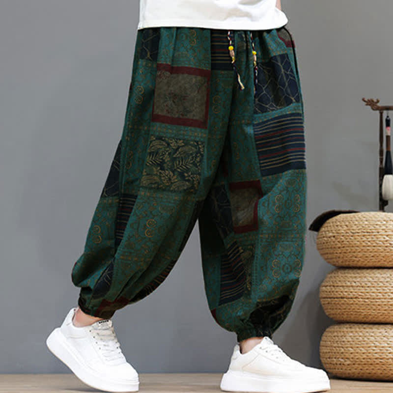 Buddha Stones Pantaloni corti da uomo estivi in ​​stile boho casual con coulisse e motivo geometrico, modello harem con tasca. - image 27
