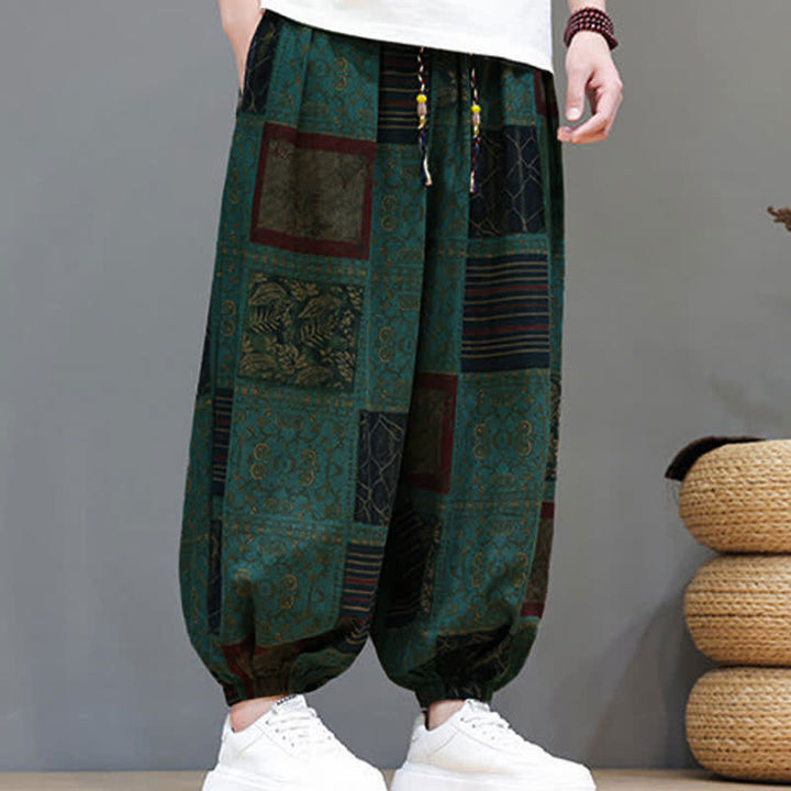 Buddha Stones Pantaloni corti da uomo estivi in ​​stile boho casual con coulisse e motivo geometrico, modello harem con tasca. - image 22