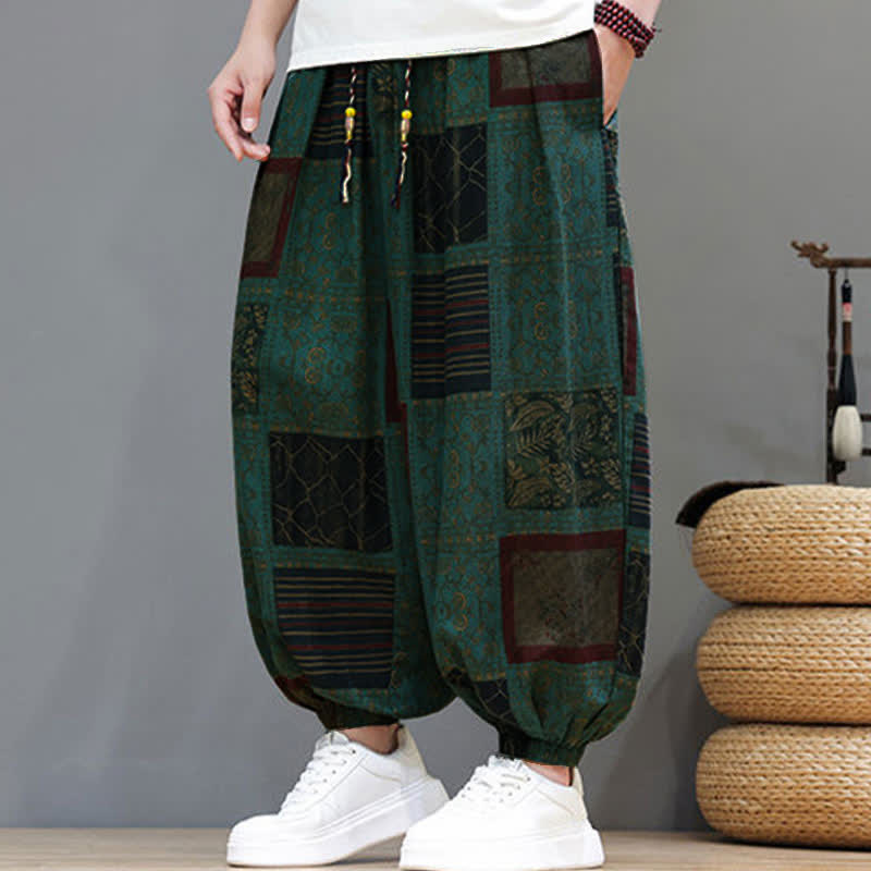 Buddha Stones Pantaloni corti da uomo estivi in ​​stile boho casual con coulisse e motivo geometrico, modello harem con tasca. - image 26