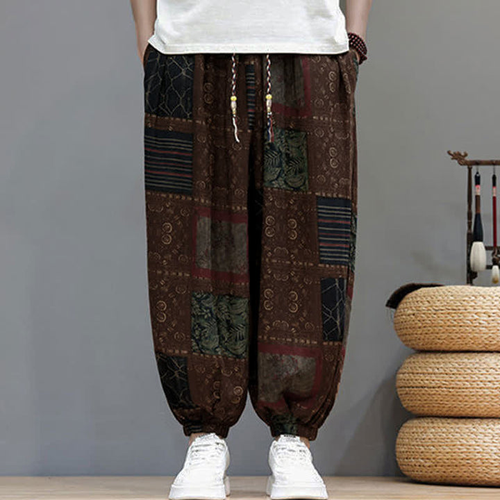 Buddha Stones Pantaloni corti da uomo estivi in ​​stile boho casual con coulisse e motivo geometrico, modello harem con tasca. - image 17