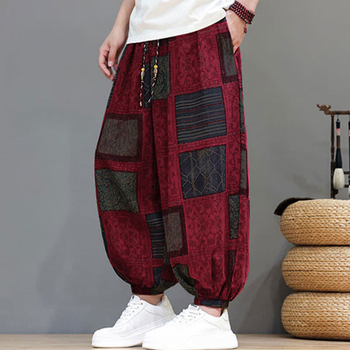 Buddha Stones Pantaloni corti da uomo estivi in ​​stile boho casual con coulisse e motivo geometrico, modello harem con tasca. - image 34