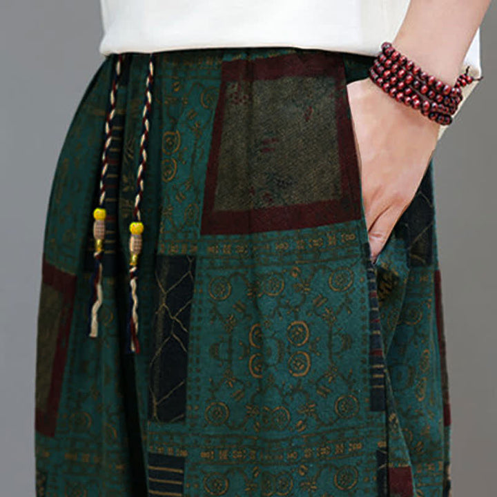 Buddha Stones Pantaloni corti da uomo estivi in ​​stile boho casual con coulisse e motivo geometrico, modello harem con tasca. - image 29
