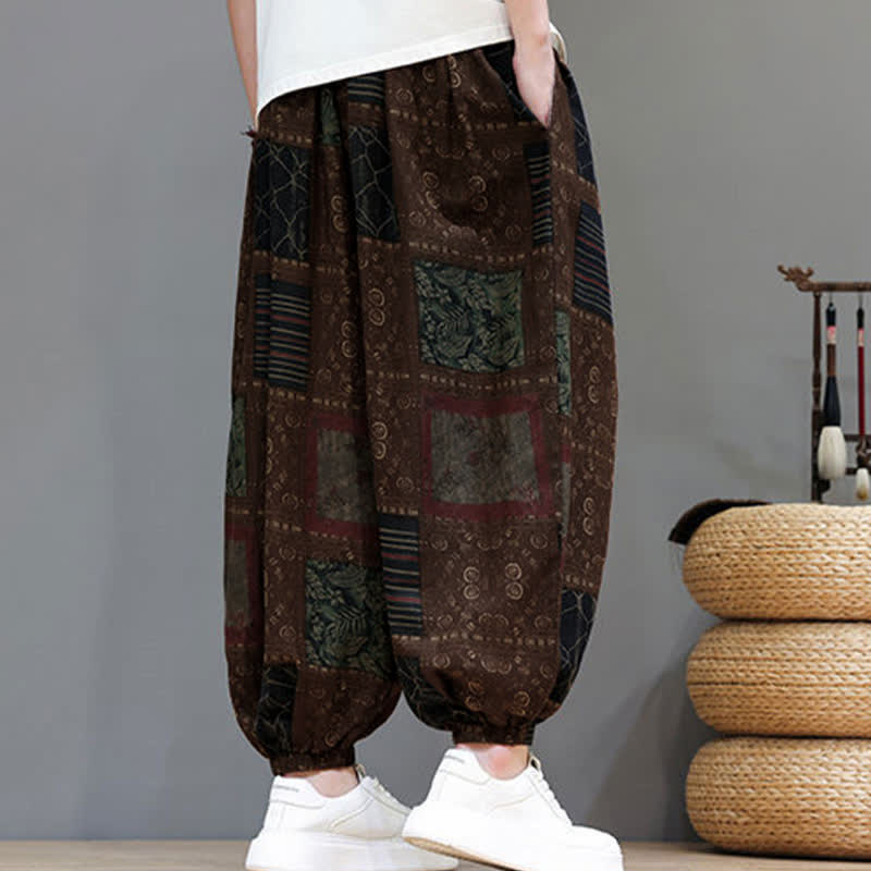 Buddha Stones Pantaloni corti da uomo estivi in ​​stile boho casual con coulisse e motivo geometrico, modello harem con tasca. - image 11
