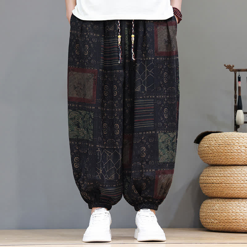 Buddha Stones Pantaloni corti da uomo estivi in ​​stile boho casual con coulisse e motivo geometrico, modello harem con tasca. - image 48