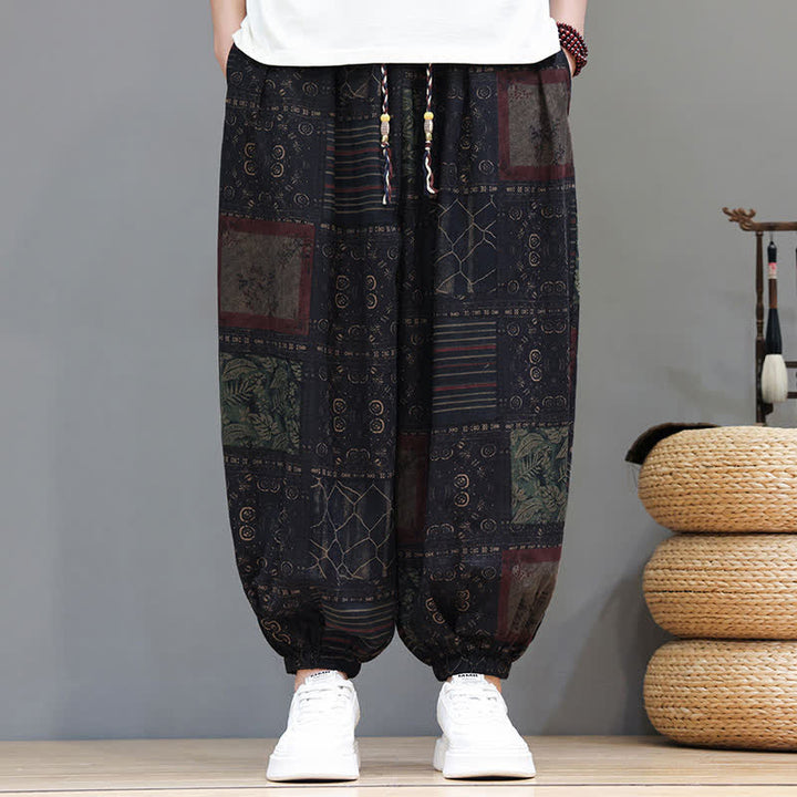 Buddha Stones Pantaloni corti da uomo estivi in ​​stile boho casual con coulisse e motivo geometrico, modello harem con tasca. - image 48