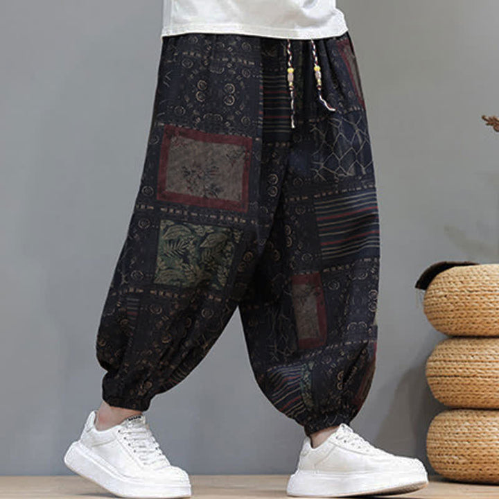 Buddha Stones Pantaloni corti da uomo estivi in ​​stile boho casual con coulisse e motivo geometrico, modello harem con tasca. - image 47