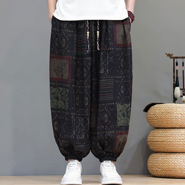Buddha Stones Pantaloni corti da uomo estivi in ​​stile boho casual con coulisse e motivo geometrico, modello harem con tasca. - image 49