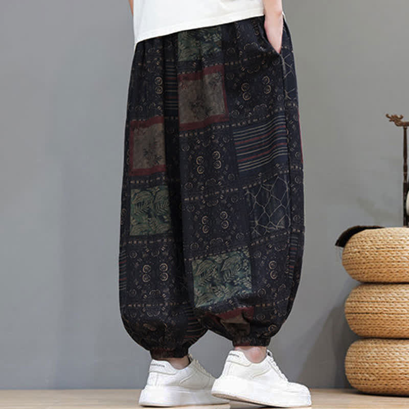 Buddha Stones Pantaloni corti da uomo estivi in ​​stile boho casual con coulisse e motivo geometrico, modello harem con tasca. - image 51