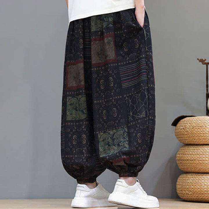 Buddha Stones Pantaloni corti da uomo estivi in ​​stile boho casual con coulisse e motivo geometrico, modello harem con tasca. - image 51