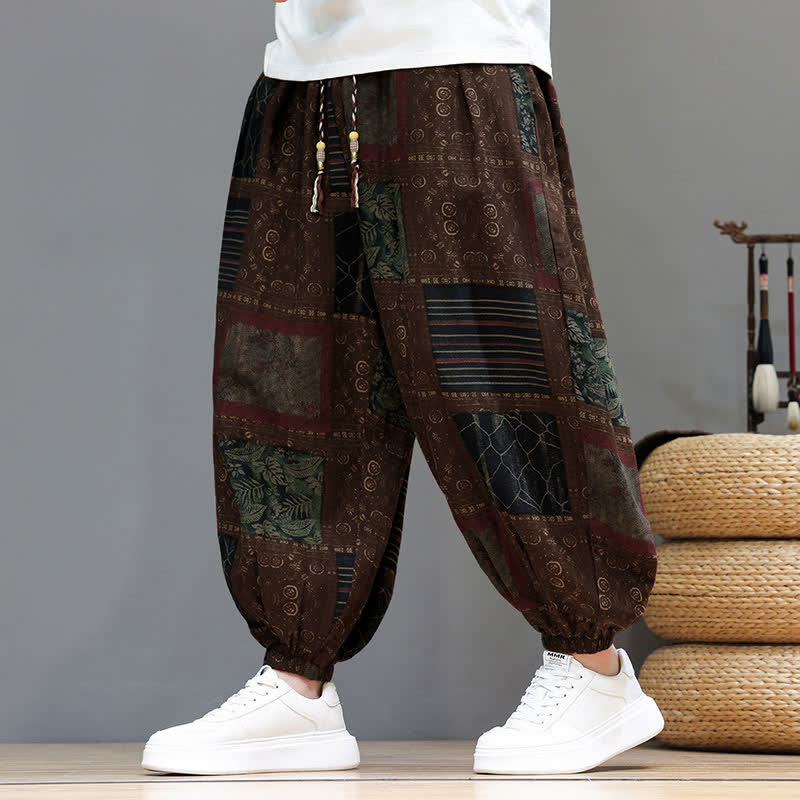 Buddha Stones Pantaloni corti da uomo estivi in ​​stile boho casual con coulisse e motivo geometrico, modello harem con tasca. - image 15