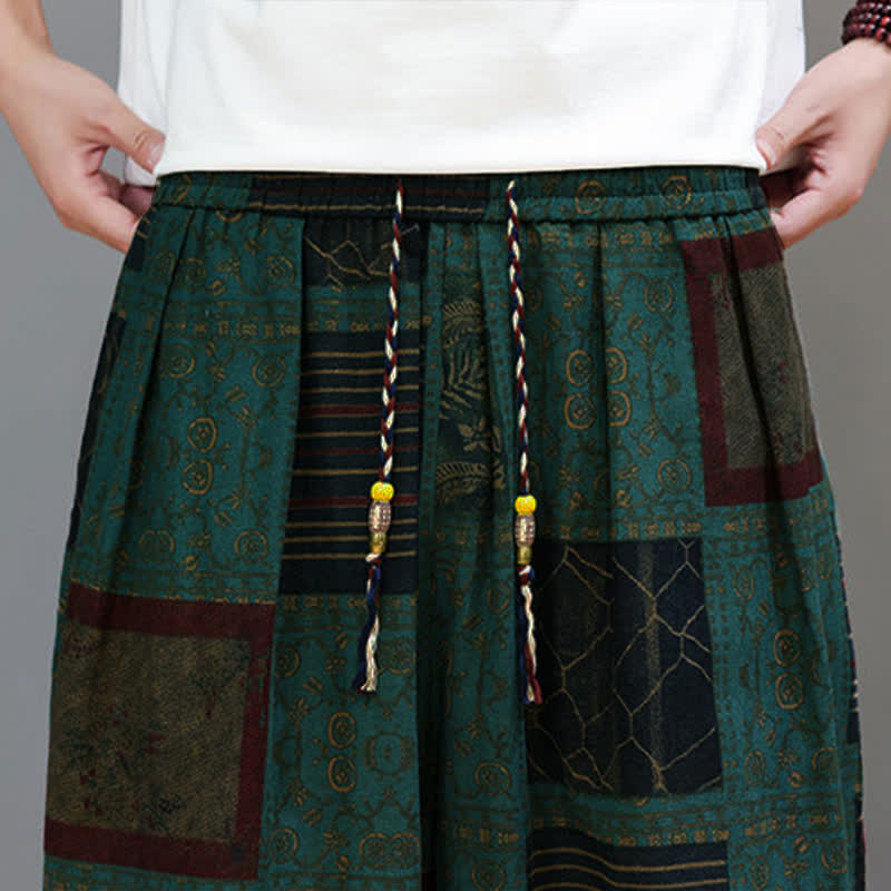 Buddha Stones Pantaloni corti da uomo estivi in ​​stile boho casual con coulisse e motivo geometrico, modello harem con tasca. - image 30