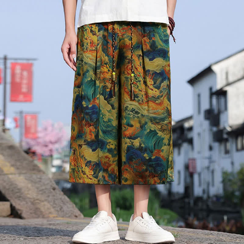 Buddha Stones Pantaloni corti da uomo estivi vintage casual con coulisse e stampa gru, con tasca. - Turchese scuro - US/UK/AU48, EU58 (5XL) - image 0