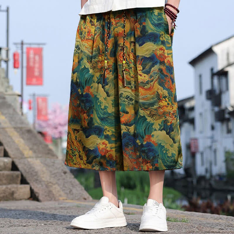 Buddha Stones Pantaloni corti da uomo estivi vintage casual con coulisse e stampa gru, con tasca. - image 1