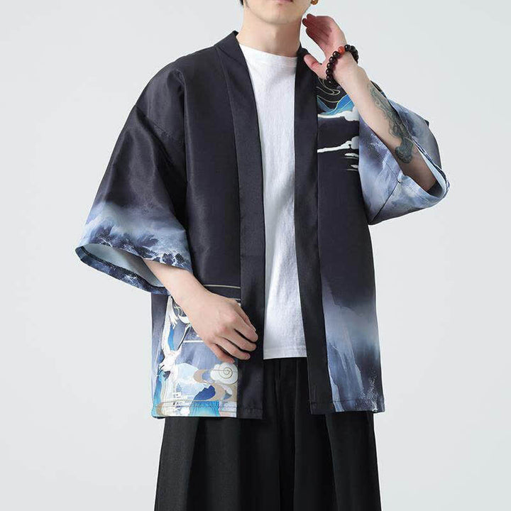 Buddha Stones Kimono da uomo estivo casual con stampa vintage di gru - image 2