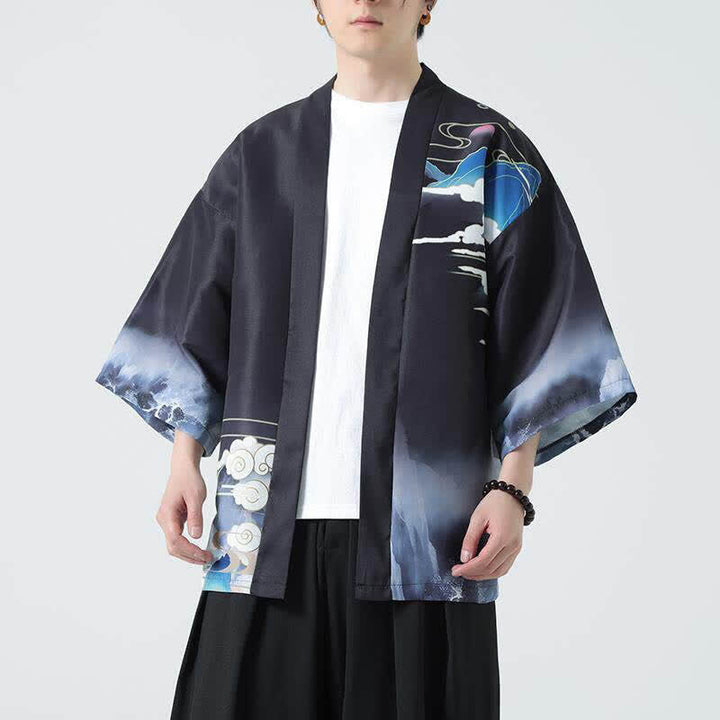 Buddha Stones Kimono da uomo estivo casual con stampa vintage di gru - image 5