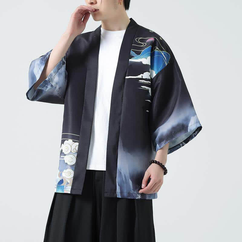 Buddha Stones Kimono da uomo estivo casual con stampa vintage di gru - image 1