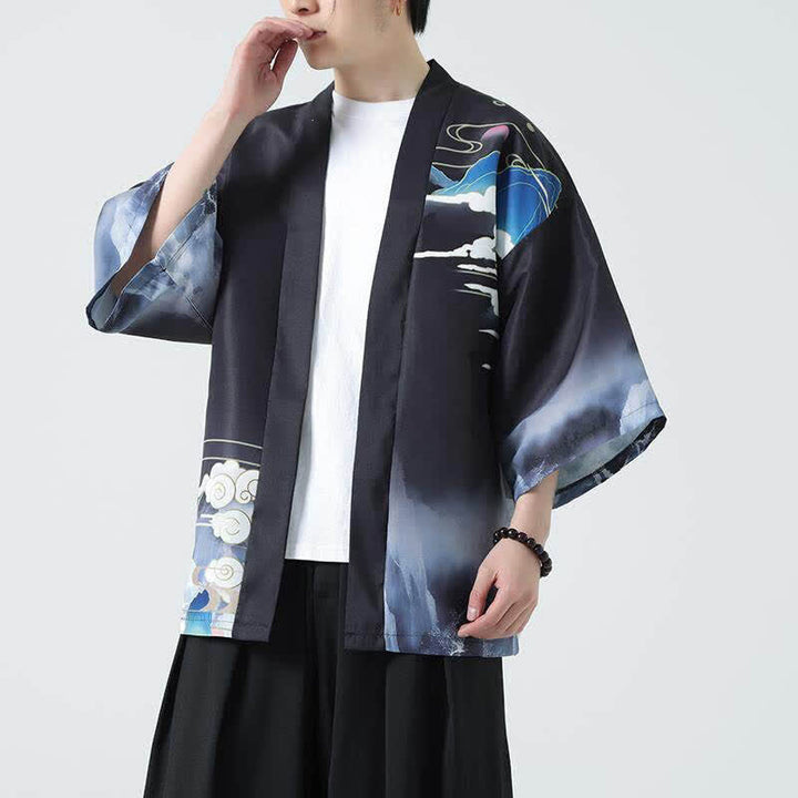 Buddha Stones Kimono da uomo estivo casual con stampa vintage di gru - image 1