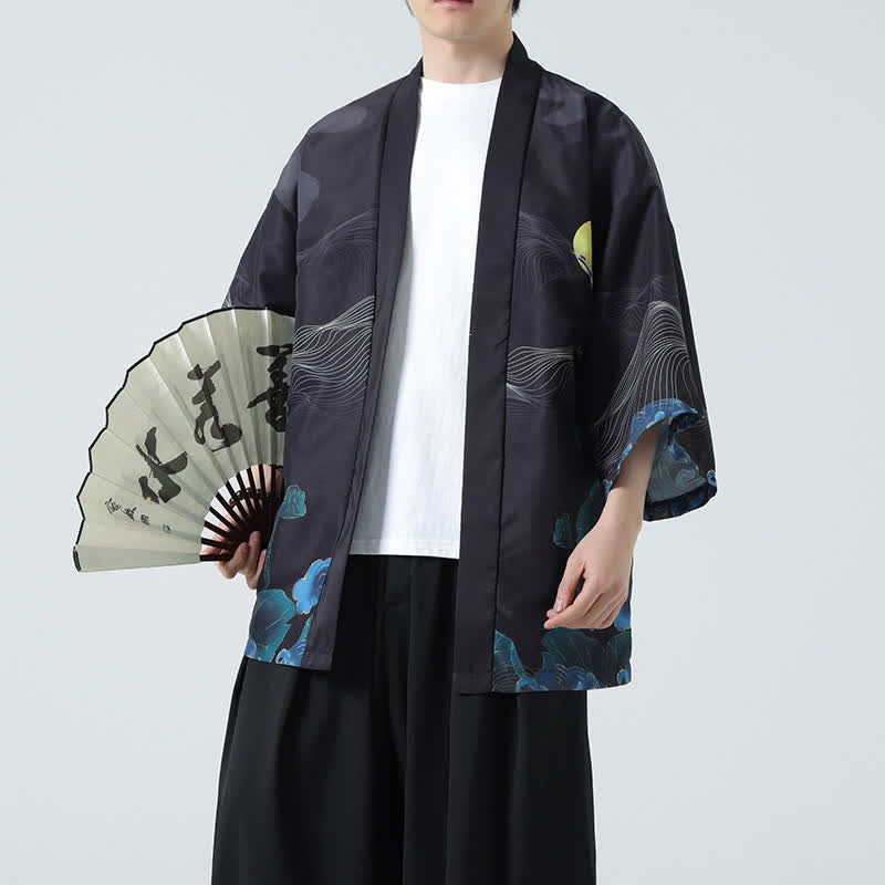 Buddha Stones Kimono da uomo estivo casual con stampa vintage di gru - Montagna - US/UK/AU48, EU58 (5XL) - image 24