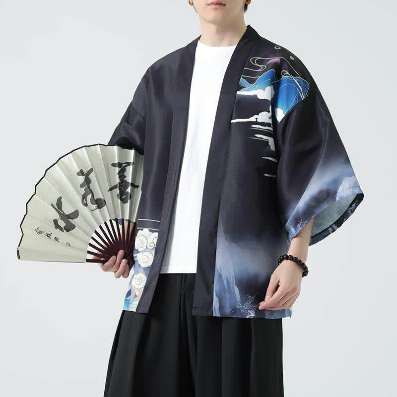 Buddha Stones Kimono da uomo estivo casual con stampa vintage di gru - Gru - US/UK/AU48, EU58 (5XL) - image 0