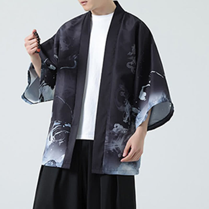 Buddha Stones Kimono da uomo estivo casual con stampa vintage di gru - image 13