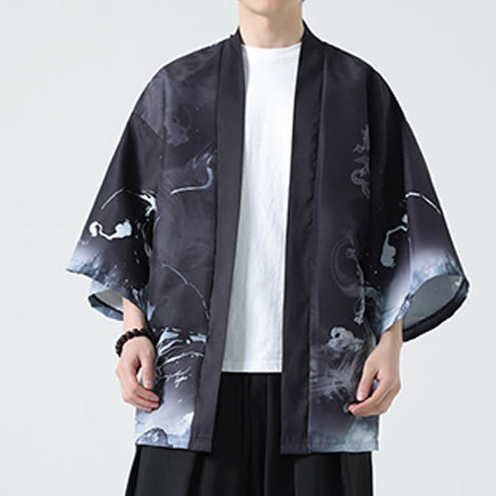 Buddha Stones Kimono da uomo estivo casual con stampa vintage di gru - image 16