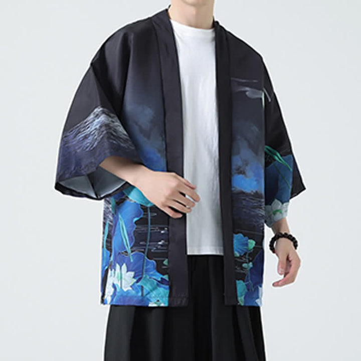 Buddha Stones Kimono da uomo estivo casual con stampa vintage di gru - image 38