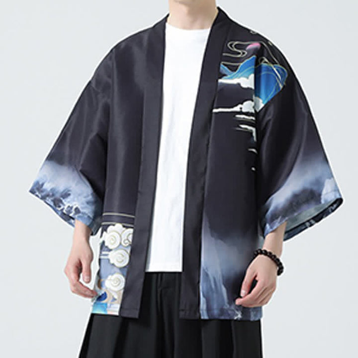 Buddha Stones Kimono da uomo estivo casual con stampa vintage di gru - image 10