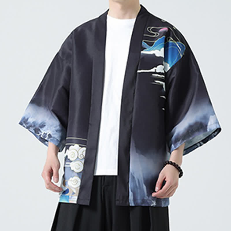 Buddha Stones Kimono da uomo estivo casual con stampa vintage di gru - image 10