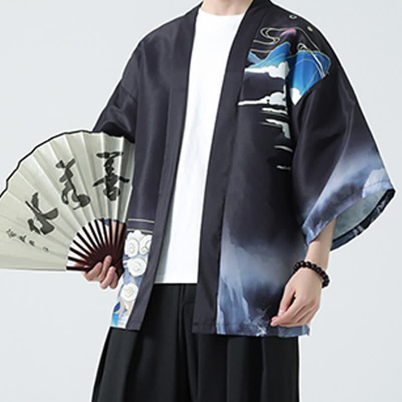 Buddha Stones Kimono da uomo estivo casual con stampa vintage di gru - image 6