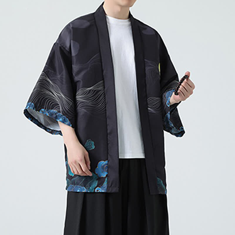 Buddha Stones Kimono da uomo estivo casual con stampa vintage di gru - image 26