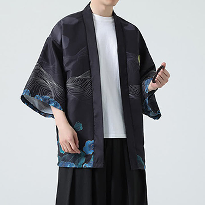 Buddha Stones Kimono da uomo estivo casual con stampa vintage di gru - image 26