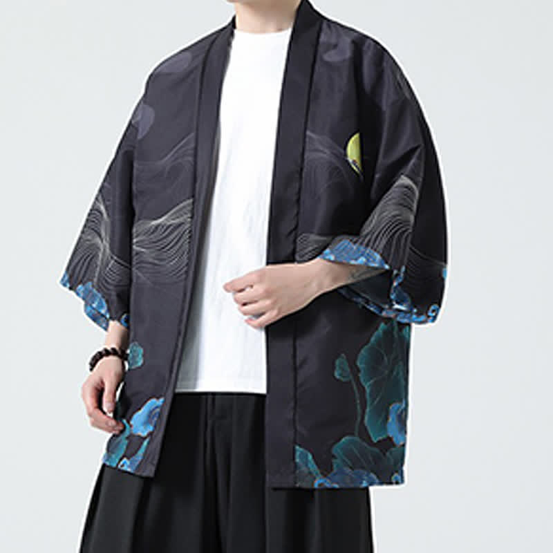 Buddha Stones Kimono da uomo estivo casual con stampa vintage di gru - image 27
