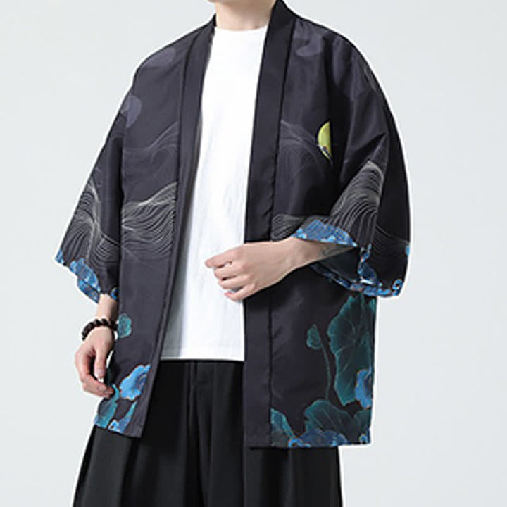 Buddha Stones Kimono da uomo estivo casual con stampa vintage di gru - image 27
