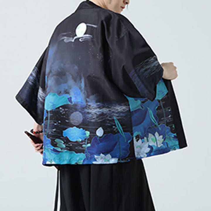 Buddha Stones Kimono da uomo estivo casual con stampa vintage di gru - image 41