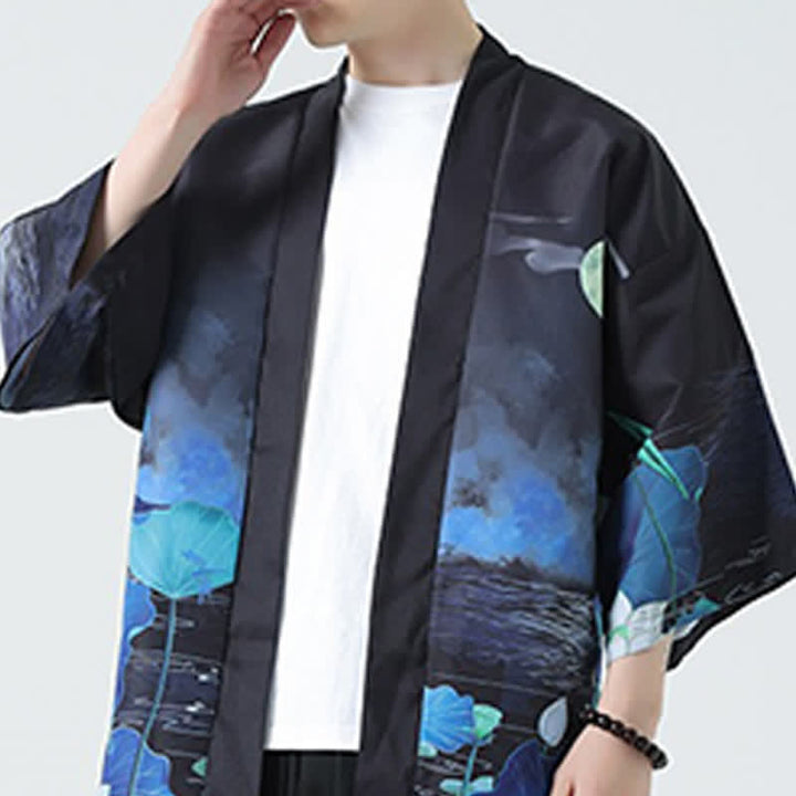 Buddha Stones Kimono da uomo estivo casual con stampa vintage di gru - image 40