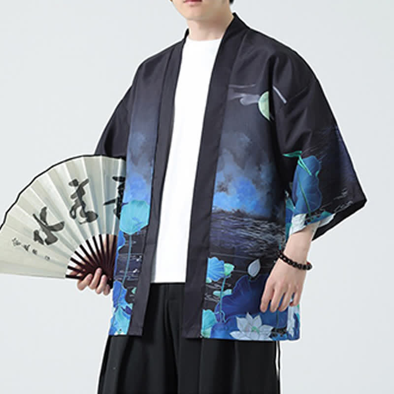 Buddha Stones Kimono da uomo estivo casual con stampa vintage di gru - Loto - US/UK/AU48, EU58 (5XL) - image 37