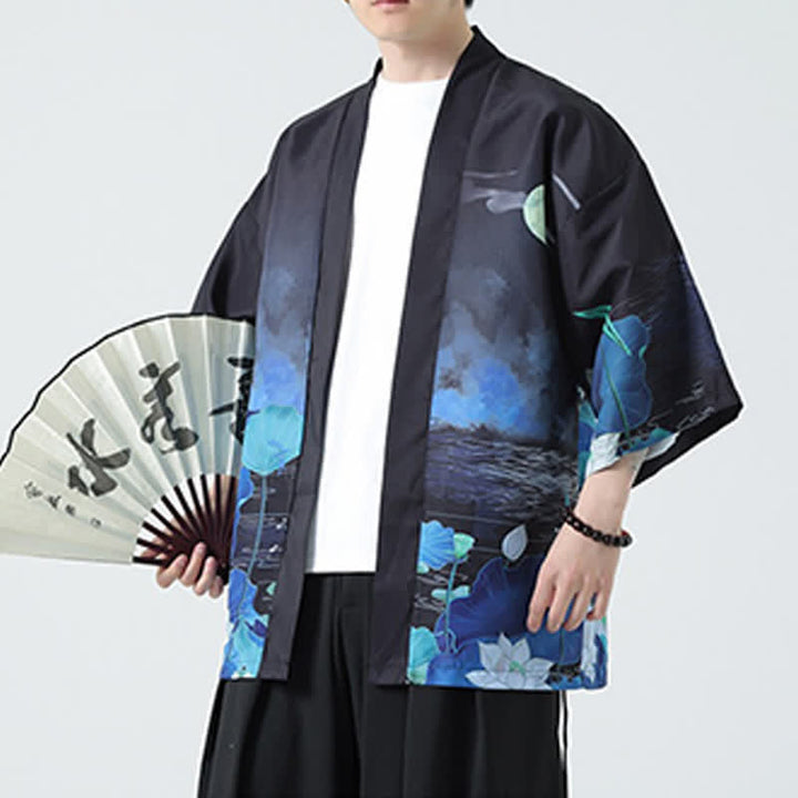 Buddha Stones Kimono da uomo estivo casual con stampa vintage di gru - Loto - US/UK/AU48, EU58 (5XL) - image 37