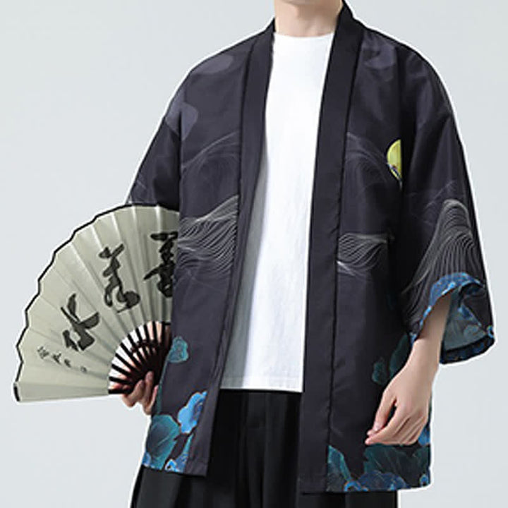 Buddha Stones Kimono da uomo estivo casual con stampa vintage di gru - image 25