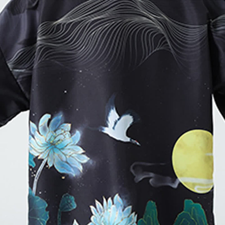 Buddha Stones Kimono da uomo estivo casual con stampa vintage di gru - image 32