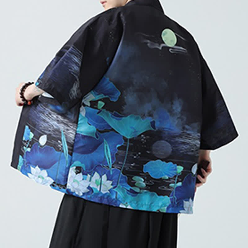 Buddha Stones Kimono da uomo estivo casual con stampa vintage di gru - image 44