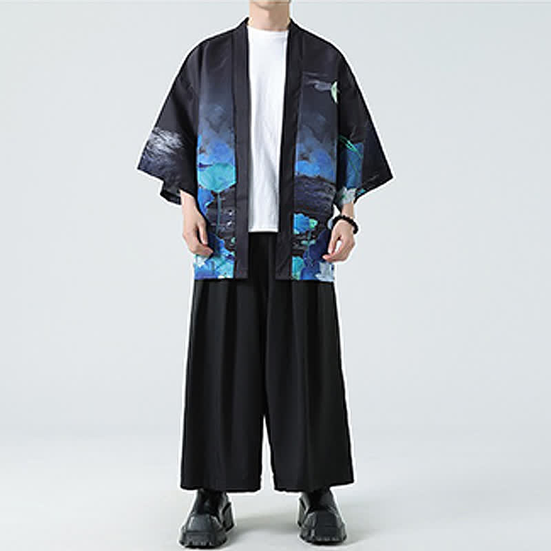 Buddha Stones Kimono da uomo estivo casual con stampa vintage di gru - image 42