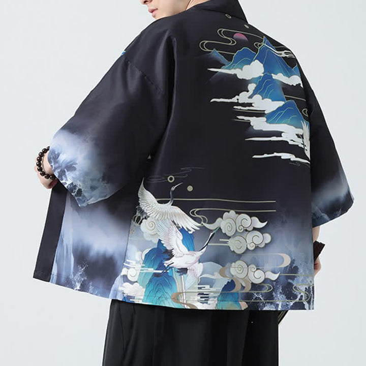 Buddha Stones Kimono da uomo estivo casual con stampa vintage di gru - image 7