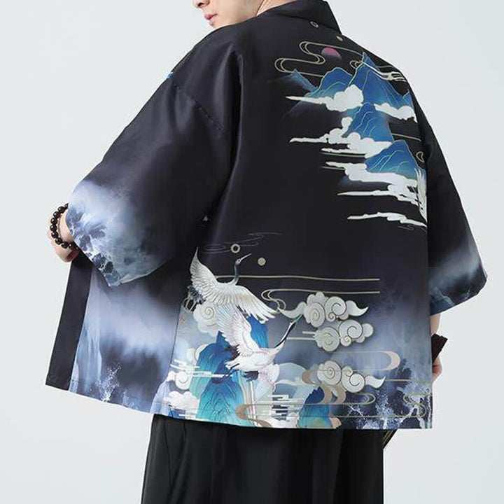 Buddha Stones Kimono da uomo estivo casual con stampa vintage di gru - image 8