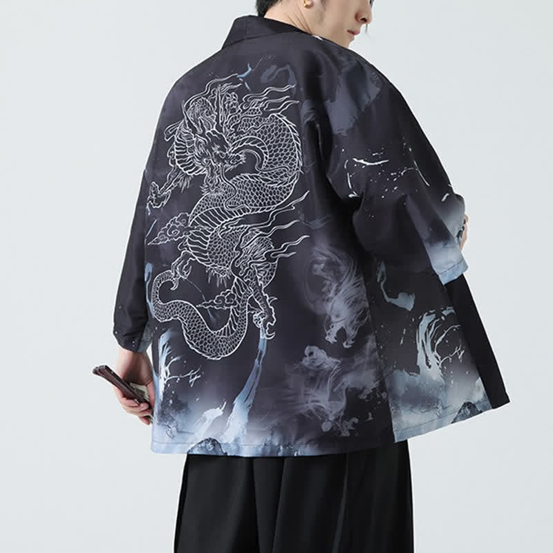 Buddha Stones Kimono da uomo estivo casual con stampa vintage di gru - image 17