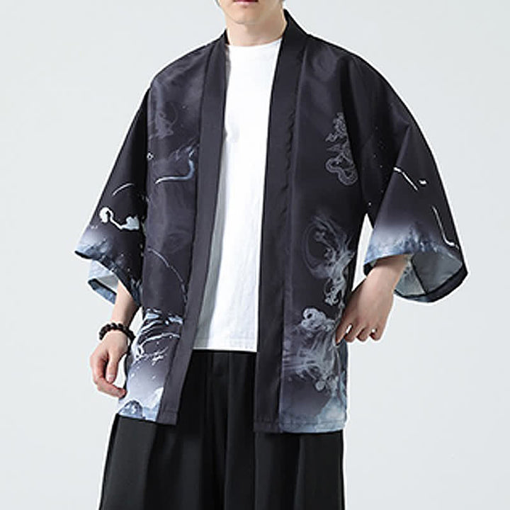 Buddha Stones Kimono da uomo estivo casual con stampa vintage di gru - image 14